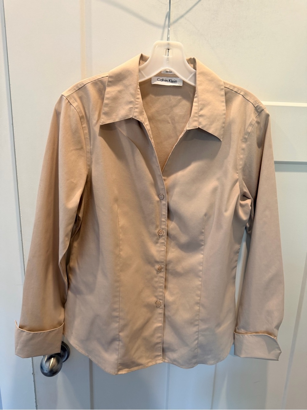 Calvin Klein Non Iron Button Front Shirt Beige Tan Career Blouse medium